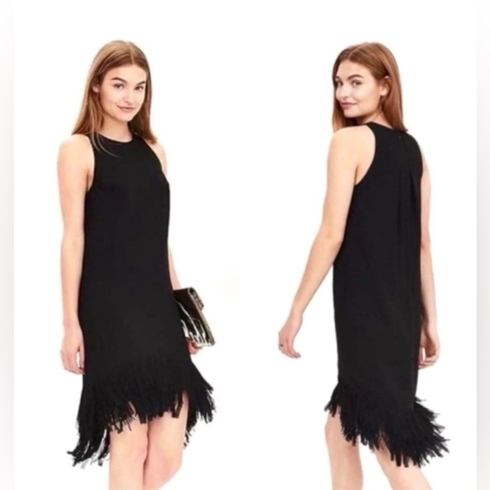 Banana Republic Fringe Hem Shift Dress Black Sleeveless Dress Size 2 Party